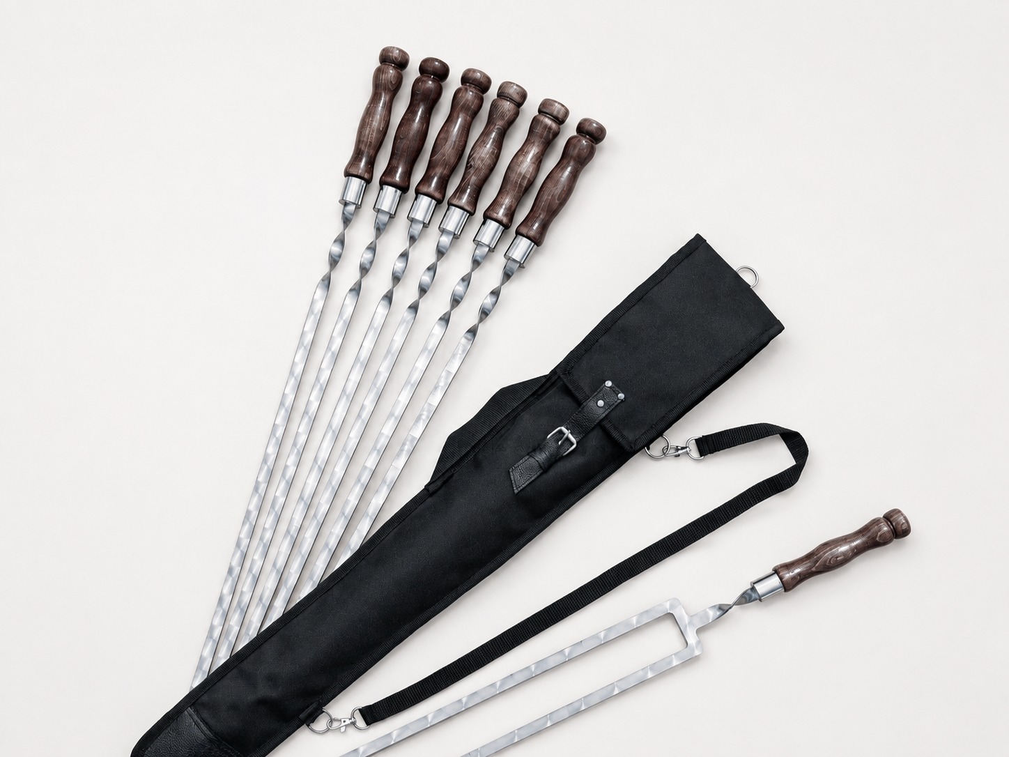 Luxury BBQ Skewer Set with Double Skewer and “Tuba+” Carrying Case – Wenge