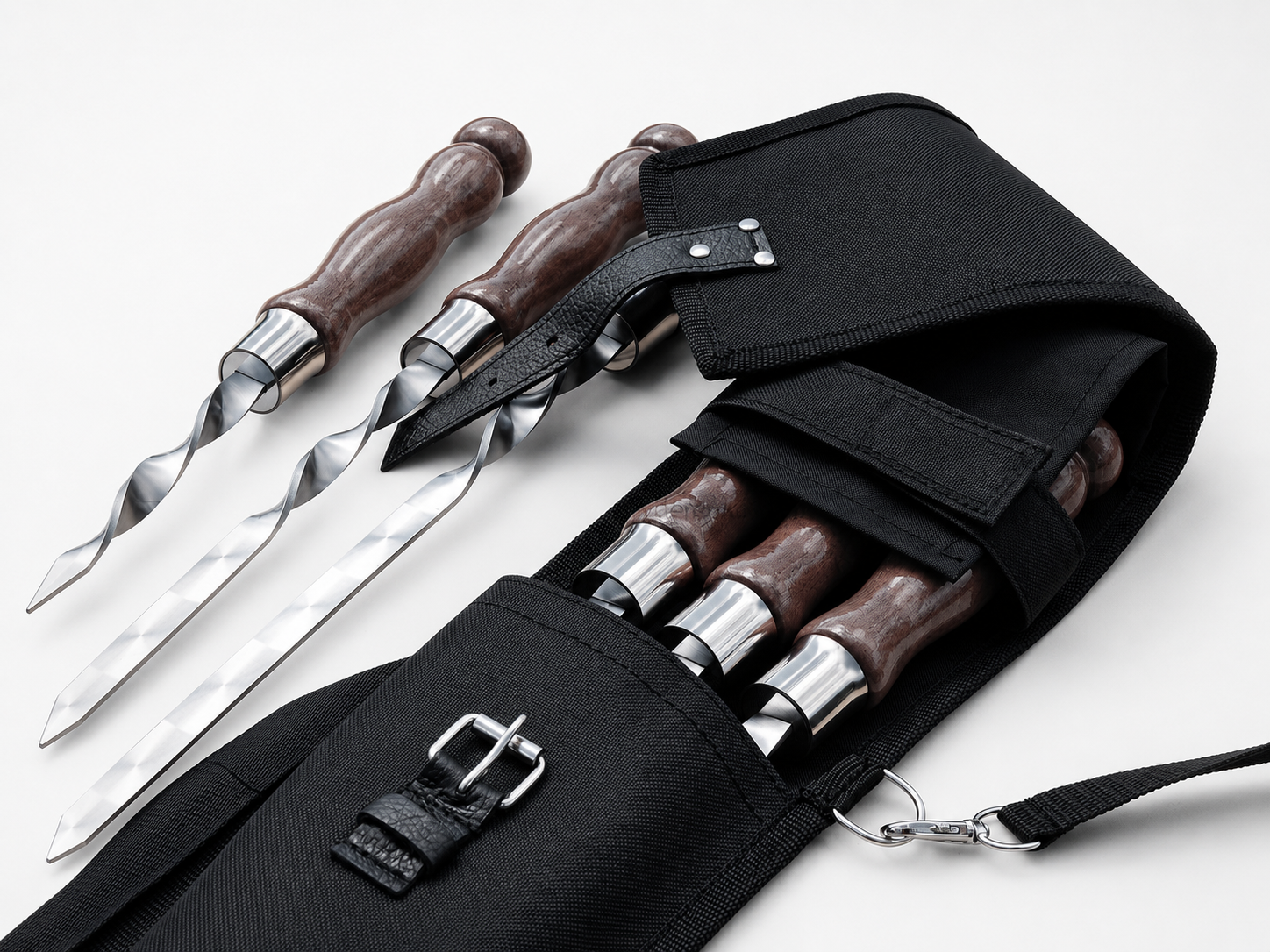 Luxury BBQ Skewer Set with Double Skewer and “Tuba+” Carrying Case – Wenge