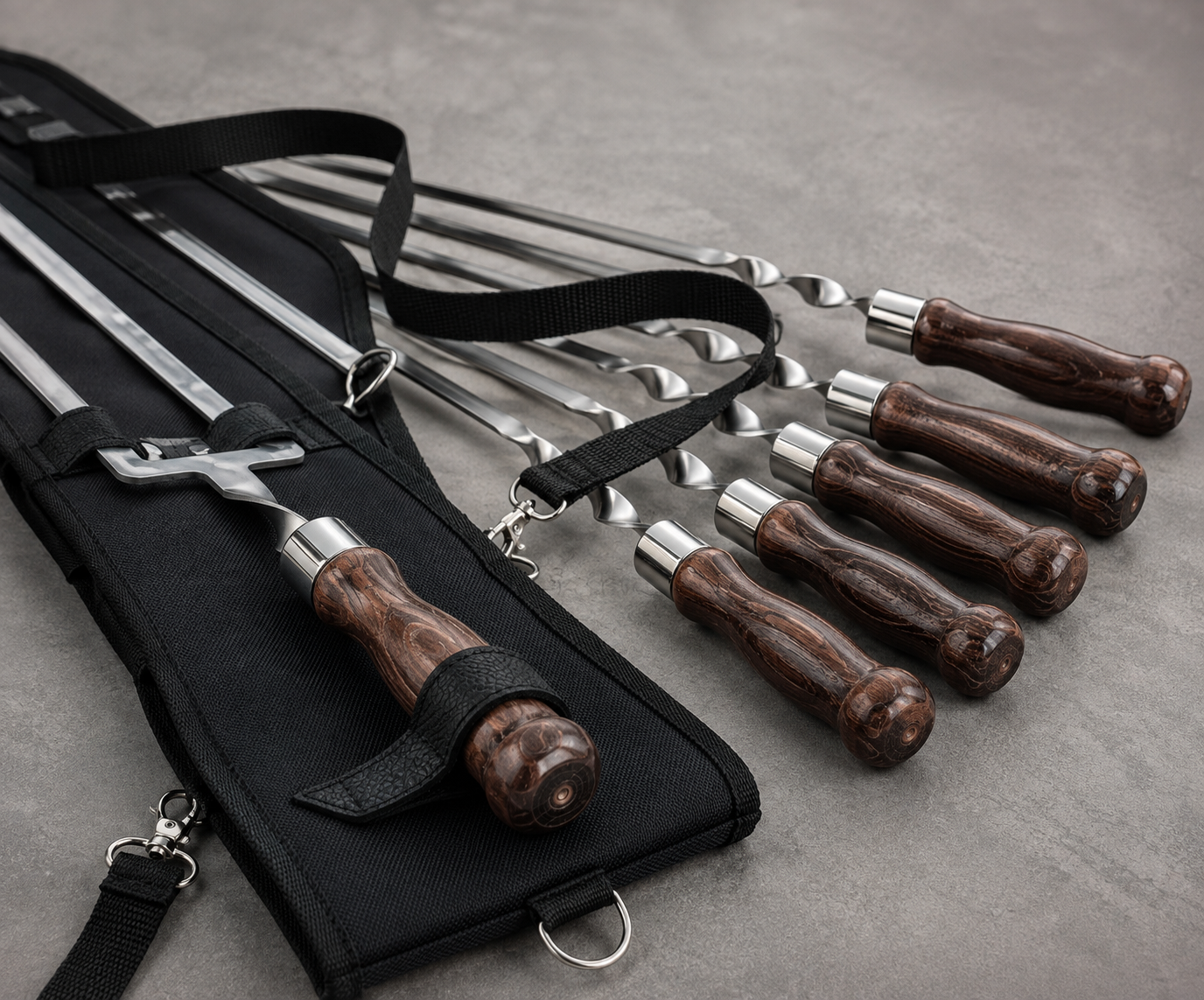 Luxury BBQ Skewer Set with Double Skewer and “Tuba+” Carrying Case – Wenge