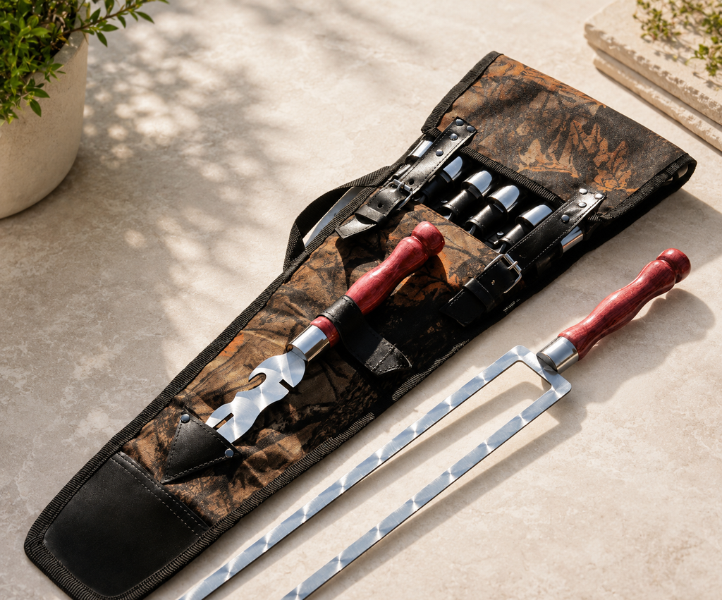 “Lux” Skewer Set with Wooden Handles in a “Picnic” Carrying Case. Cherry Colour.