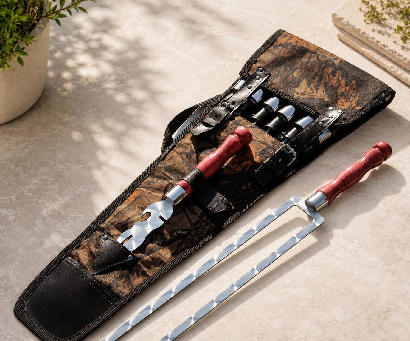 “Lux” Skewer Set with Wooden Handles in a “Picnic” Carrying Case. Cherry Colour.