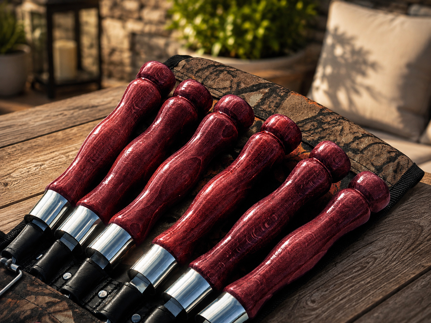 “Lux” Skewer Set with Wooden Handles in a “Picnic” Carrying Case. Cherry Colour.