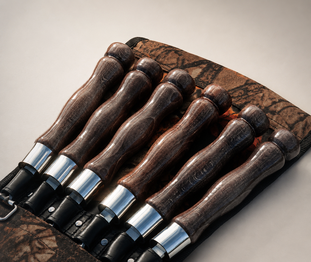 “Lux” Skewer Set with Wooden Handles in a “Picnic” Carrying Case. Cherry Colour.